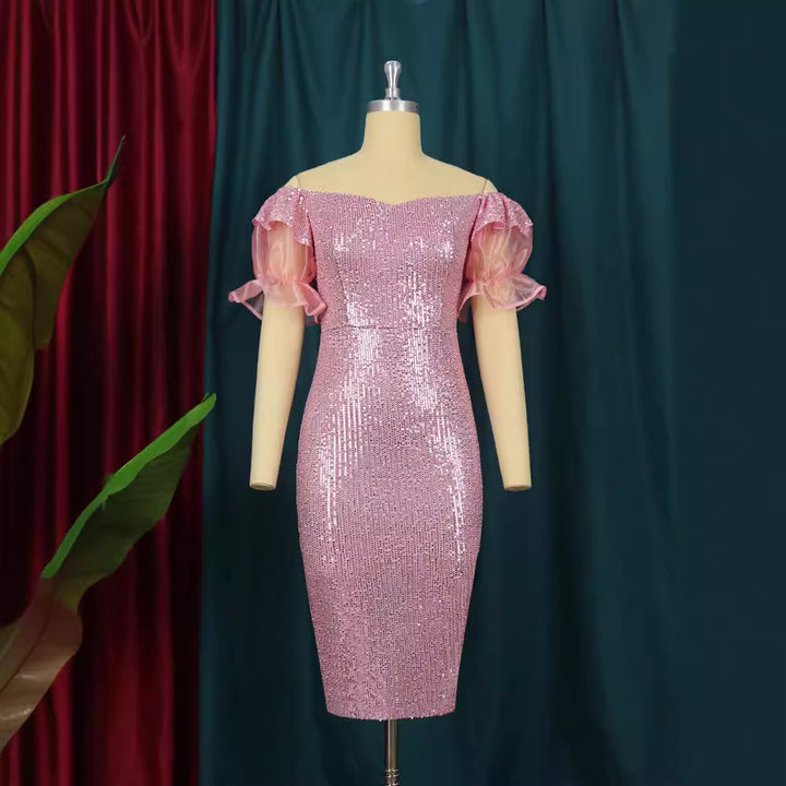 Damen glamouröses Abendkleid mit Glitzer und transparenten Puffärmeln Drune