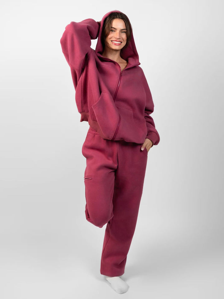 Damen sportliches Fleece-Hoodie-Set mit Reißverschluss und weiten Hosen Drune