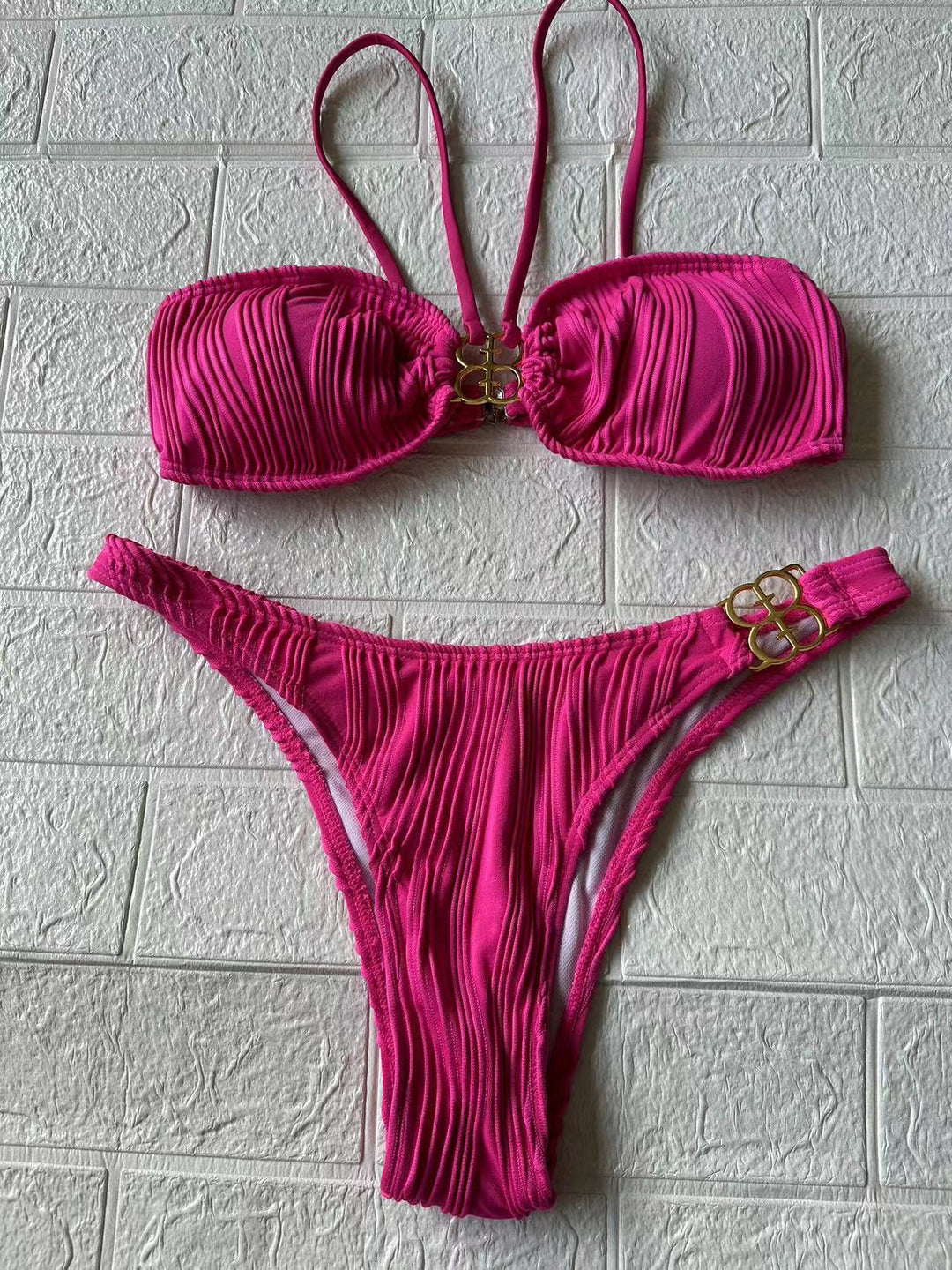 Damen Push-Up Bikini mit Raffung und dekorativem Goldschmuck Drune