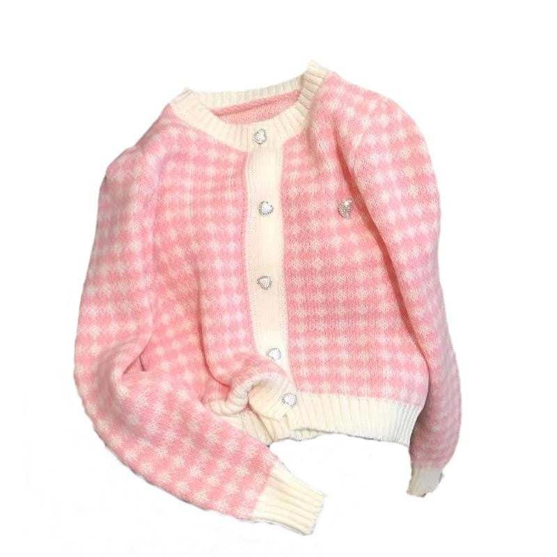 Damen weicher Cardigan mit strukturiertem Karomuster und Herzen Drune