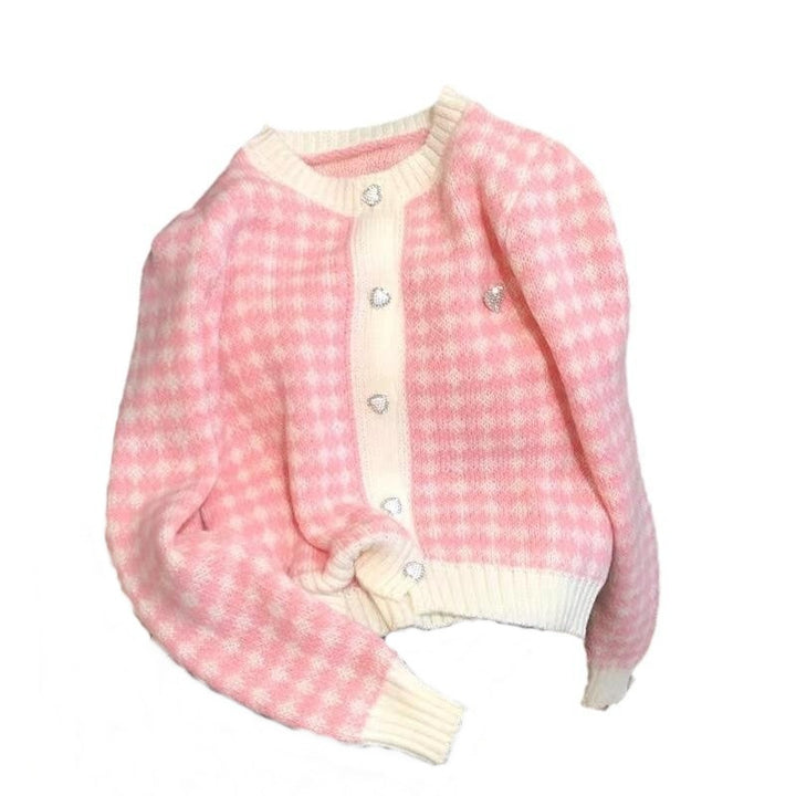 Damen weicher Cardigan mit strukturiertem Karomuster und Herzen Drune