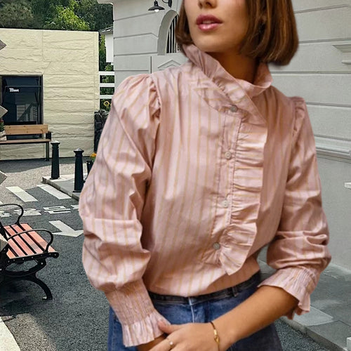 Damen Bluse mit edlem Rüschendesign und gestreiftem Muster Drune