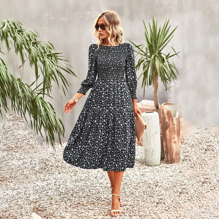 Damen florales Midi-Kleid mit geraffter Taille und langen Ärmeln Drune