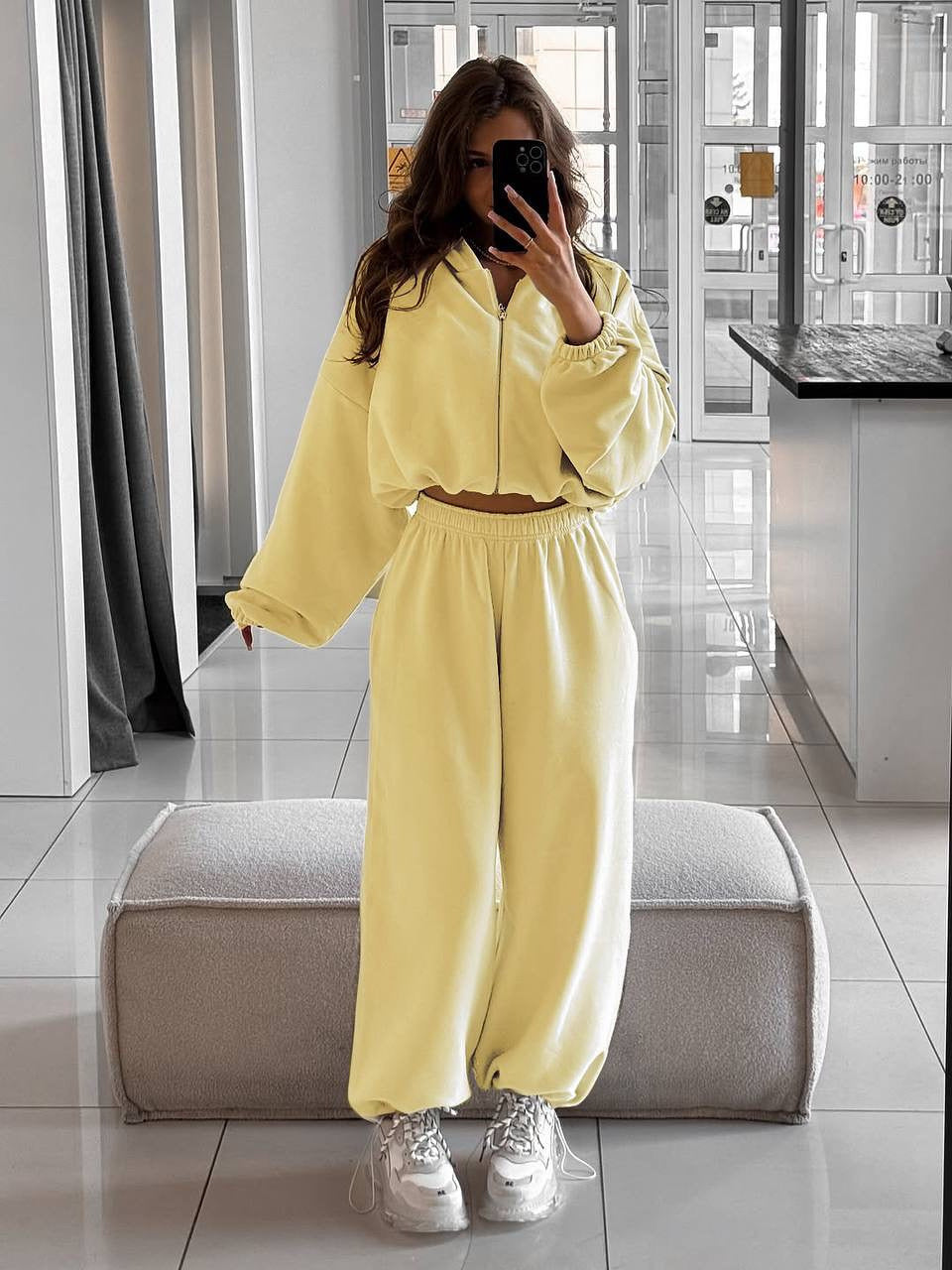 Damen nan oversized Kapuzenjacke mit durchgehendem Reißverschluss und Highwaist Gummibund-Jogginghose Set Drune