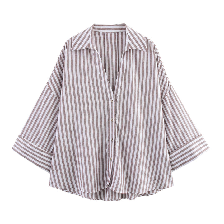 Damen nan oversized Streifen-Hemdbluse mit überschnittener Schulter, 3/4-Ärmel und verlängertem Rückensaum Drune