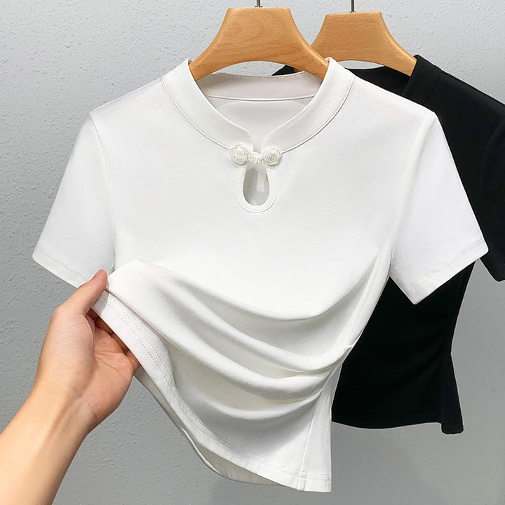 Damen Kurzarmbluse mit elegantem Rundhalsausschnitt und floralen Knopfdetail Drune