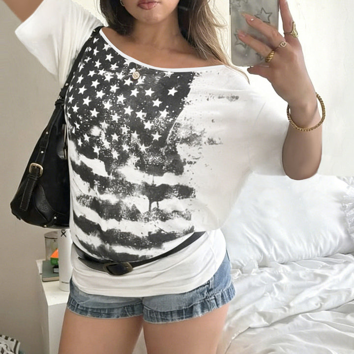 Damen Oversized T-Shirt mit asymmetrischem Schnitt und grafischem Sterneprint Drune