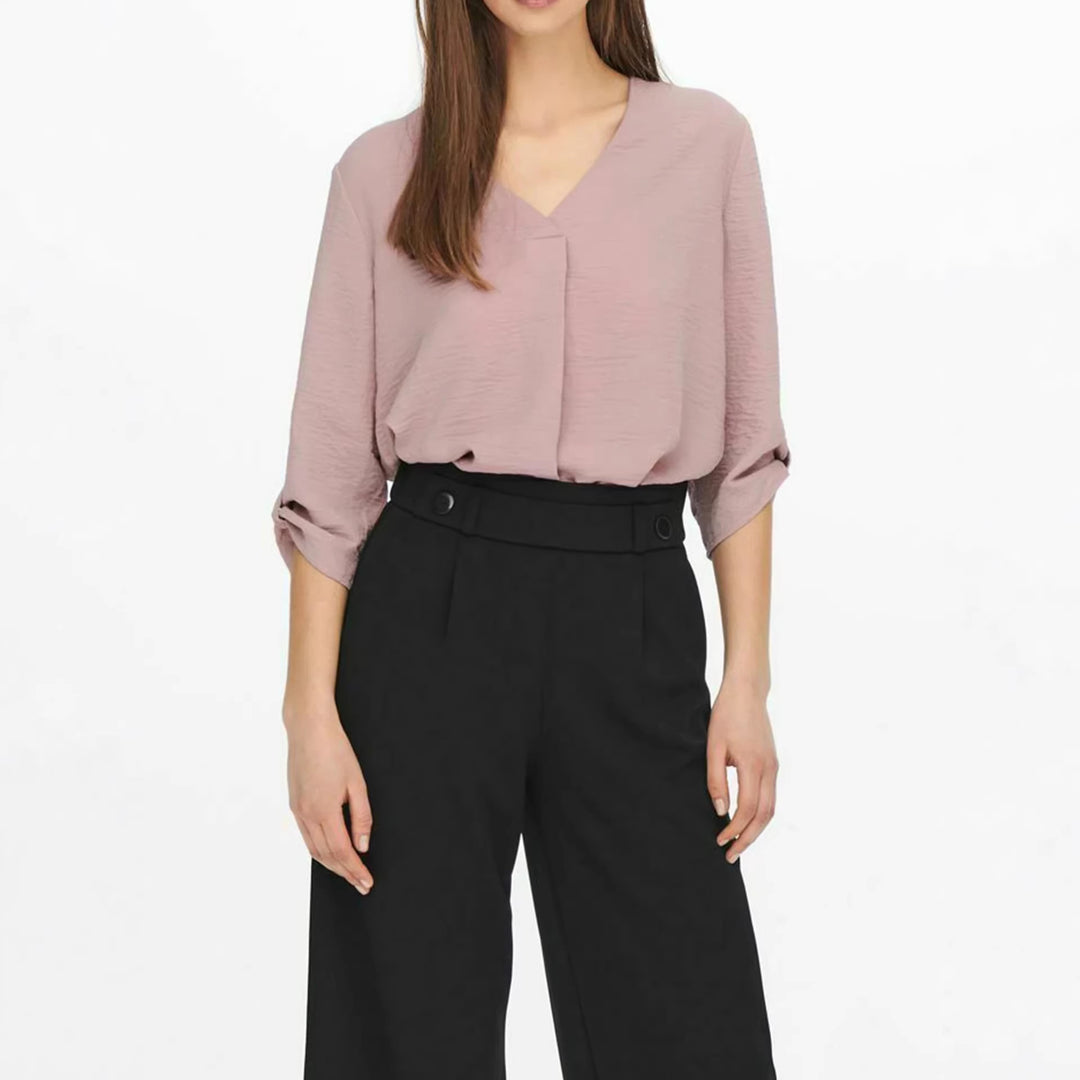 Damen luftige Bluse mit V-Ausschnitt und hochrollbaren Ärmeln Drune