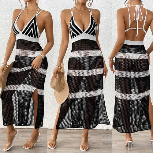 Damen gehäkelter Strandüberwurf mit stilvollem V-Ausschnitt und eleganten Streifendetails Drune