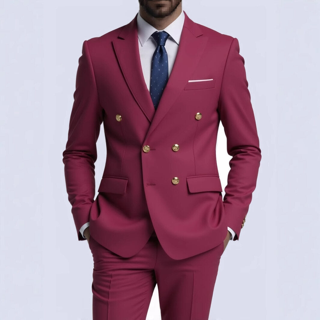 Herren nan doppelreihiger Slim-Fit Anzug mit goldenen Zierknöpfen und schmaler Businesshose Drune
