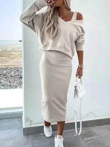 Damen Cut-Out Sweatshirt und Bleistiftrock Set Drune