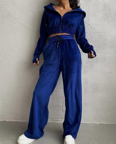Damen Velours-Loungewear-Set mit Kapuze und elastischen Bündchen Drune