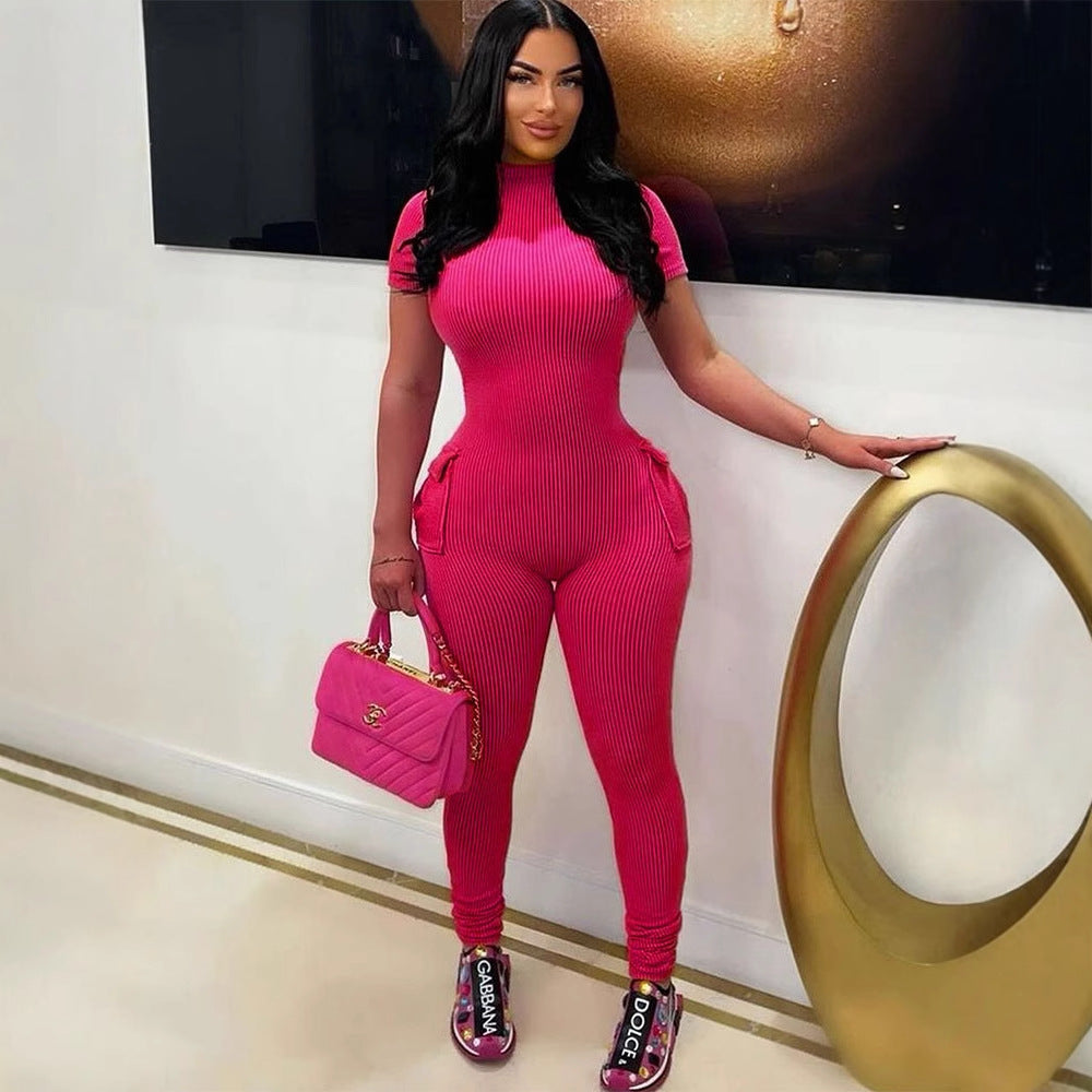 Damen figurbetontes Jumpsuit mit hohem Kragen und Seitentaschen Drune