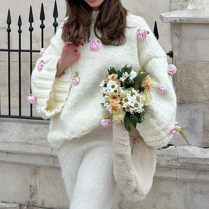 Damen nan Oversize-Strickpullover mit 3D-Blütenapplikationen und weiten Trompetenärmeln Drune