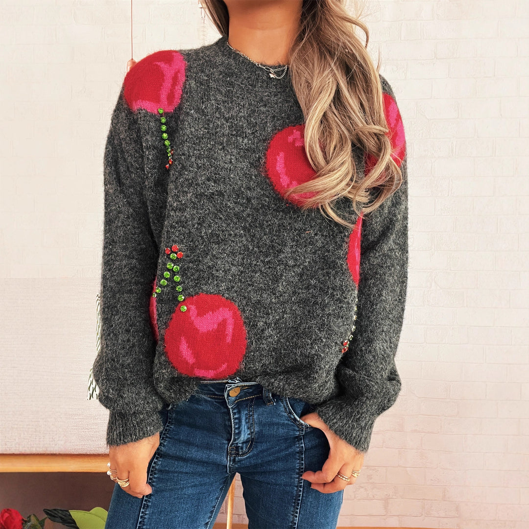 Damen kuscheliger Strickpullover mit floralen Applikationen und funkelnden Akzenten Drune