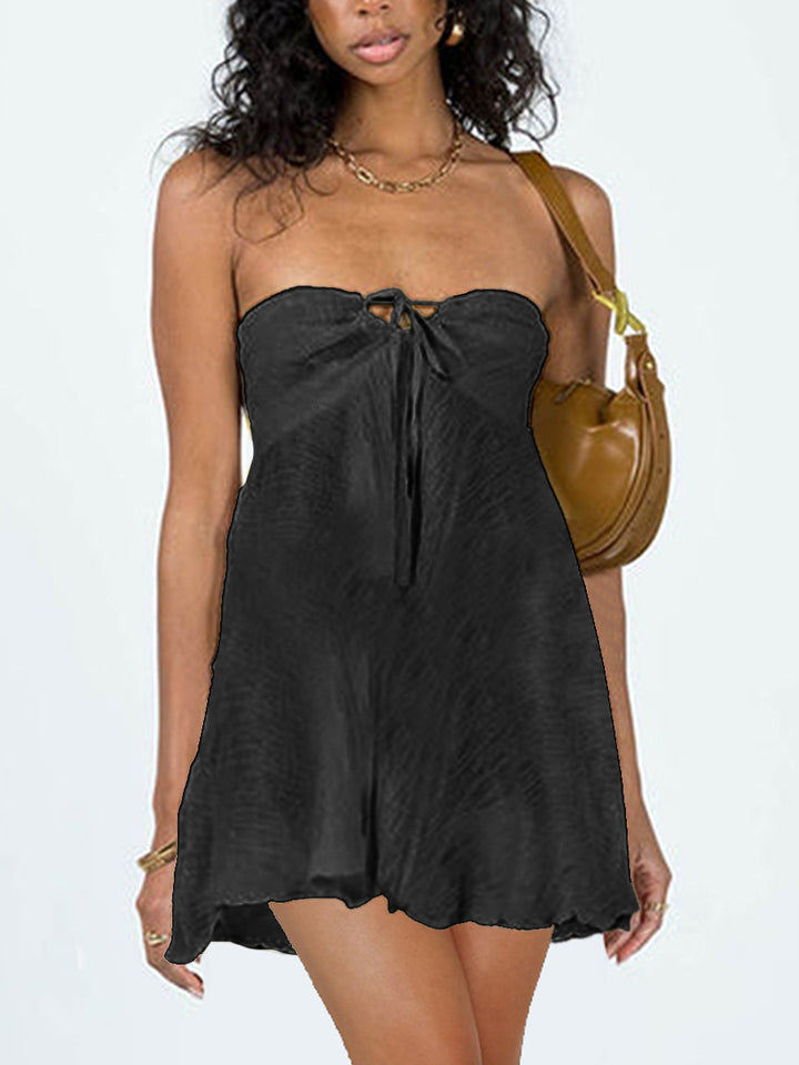 Damen Strandkleid mit schulterfreiem Design und verspielt gebundenem Kordelzug Drune