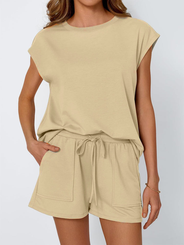 Damen lässiges Sommer-Set aus Oberteil und Shorts mit Kordelzug Drune