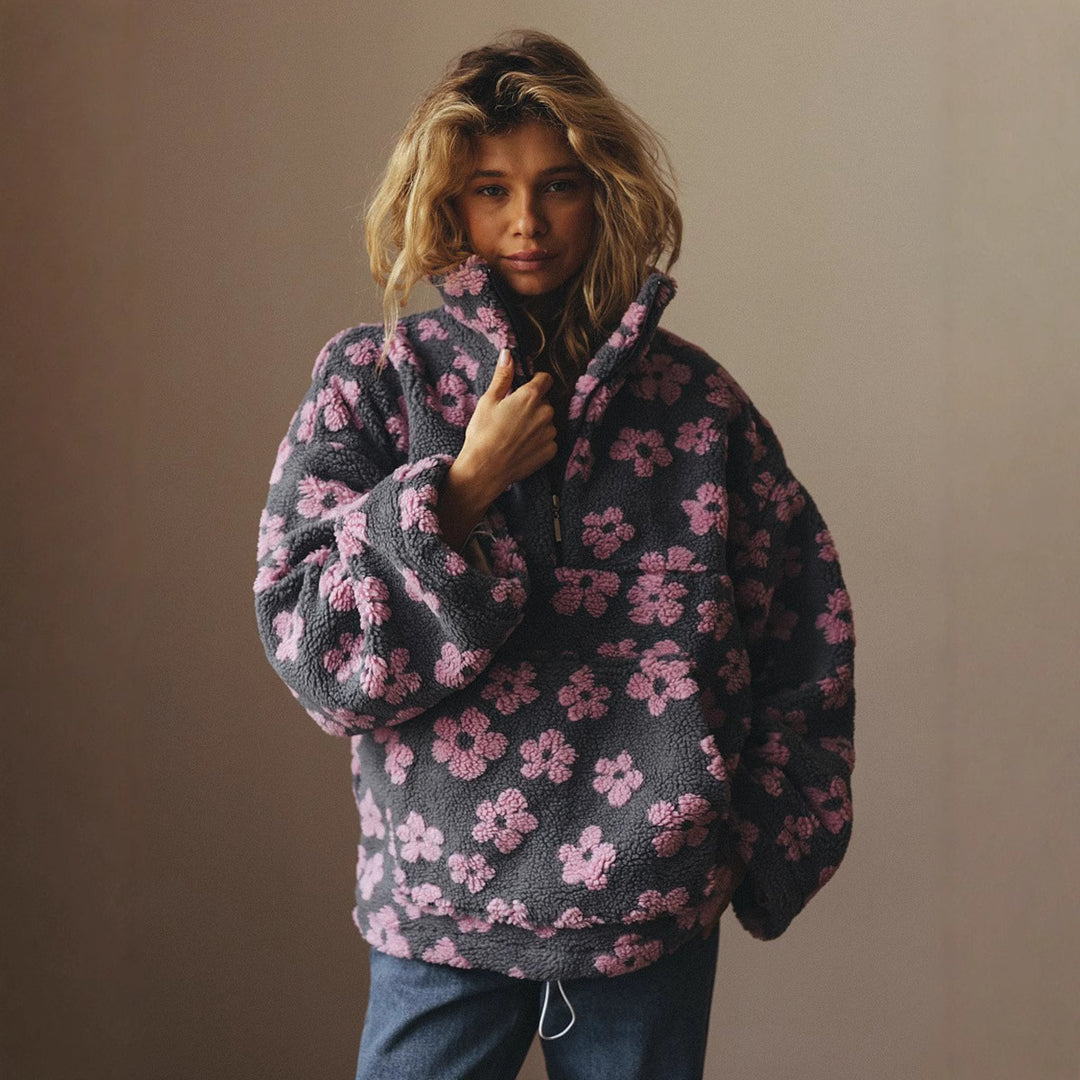 Damen lässiger Pullover mit Blumenmuster aus weichem Teddy-Stoff Drune