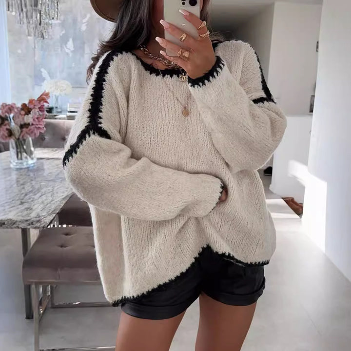 Damen lässiger Oversized Strickpullover mit kontrastierenden Akzenten Drune