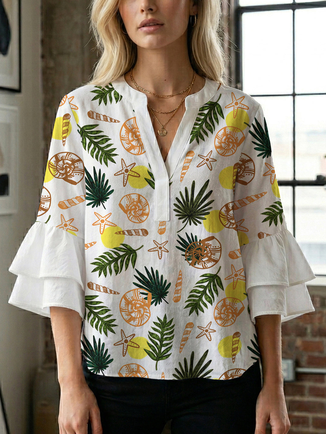 Damen Bluse mit voluminösen Rüschenärmeln und modernem Motiv Drune