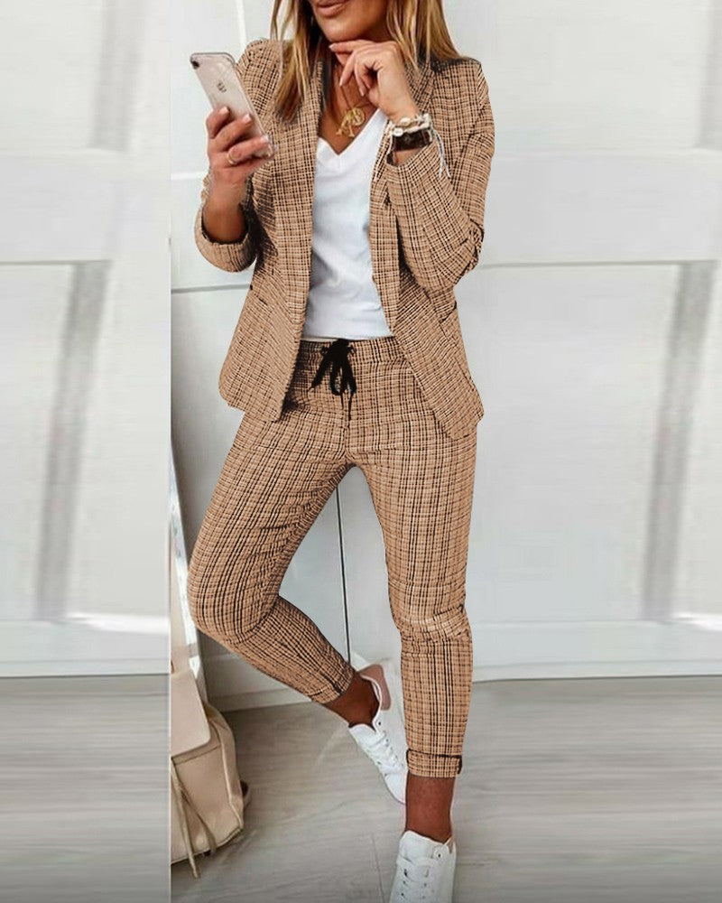 Damen nan Smart-Casual Blazer-Set mit offenem Longblazer und tapered Jogpant mit Kordelzug Drune