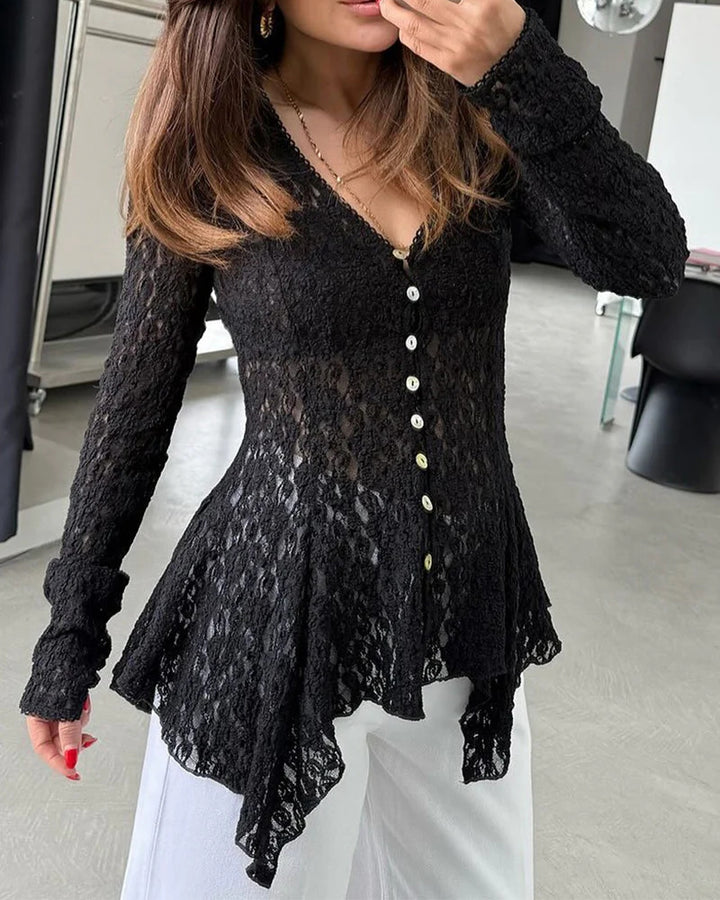 Damen romantische Spitzenbluse mit asymmetrischem Saum und Knopfdetails Drune