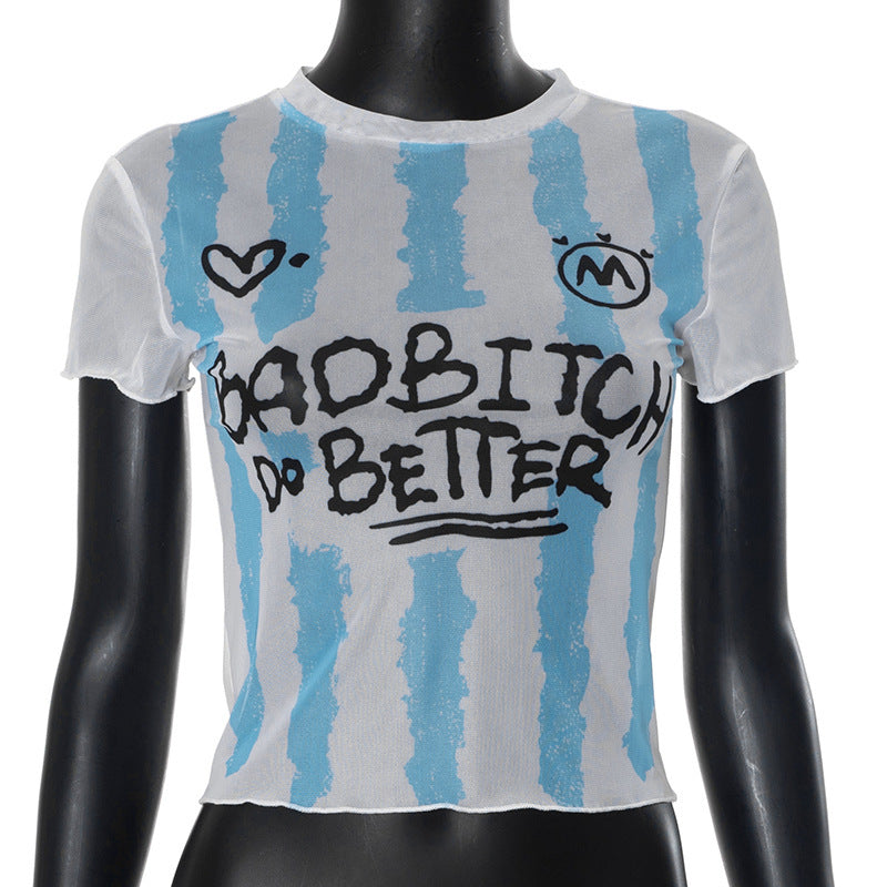 Damen Crop-Top mit kreativem Grafikdruck und figurbetontem Schnitt Drune