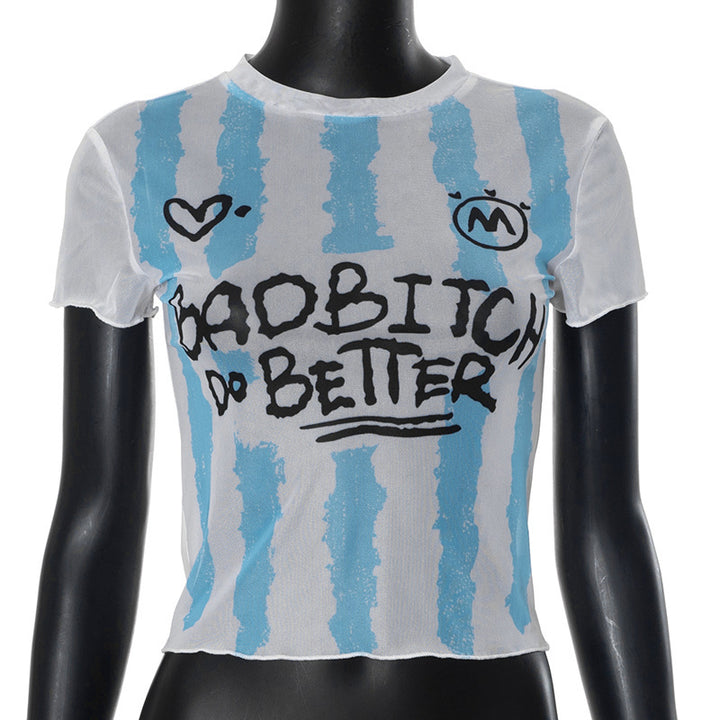 Damen Crop-Top mit kreativem Grafikdruck und figurbetontem Schnitt Drune