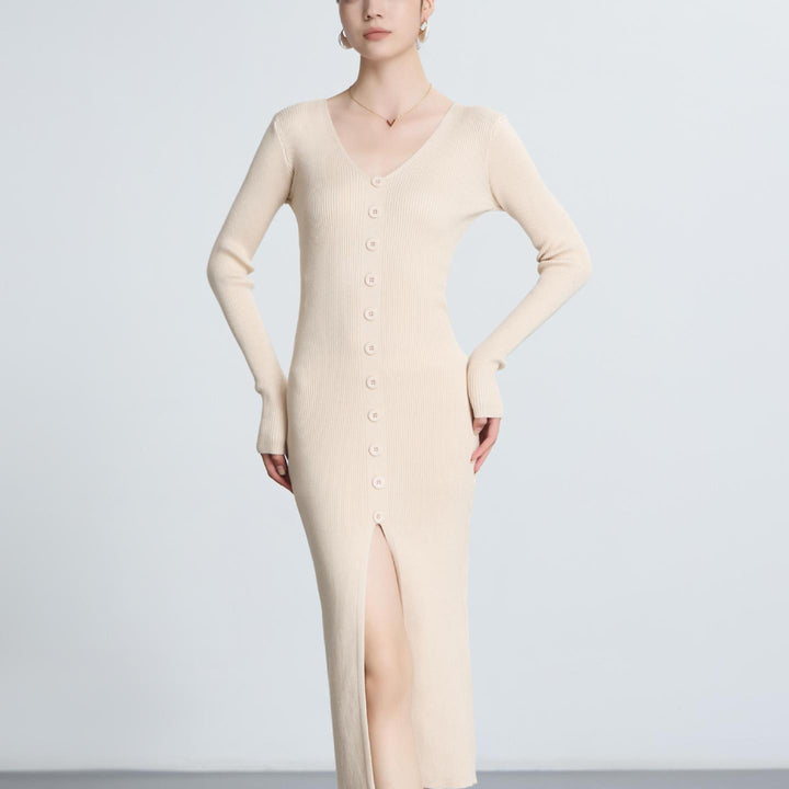 Damen Langärmliges Maxikleid mit Rippstruktur und Knopfdetail Drune