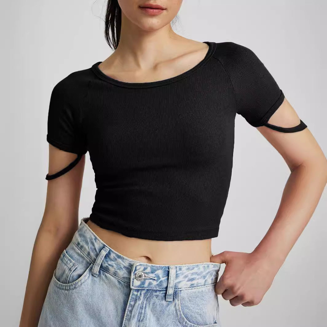 Damen kurzärmliges enganliegendes Crop-Top mit Rundhalsausschnitt Drune