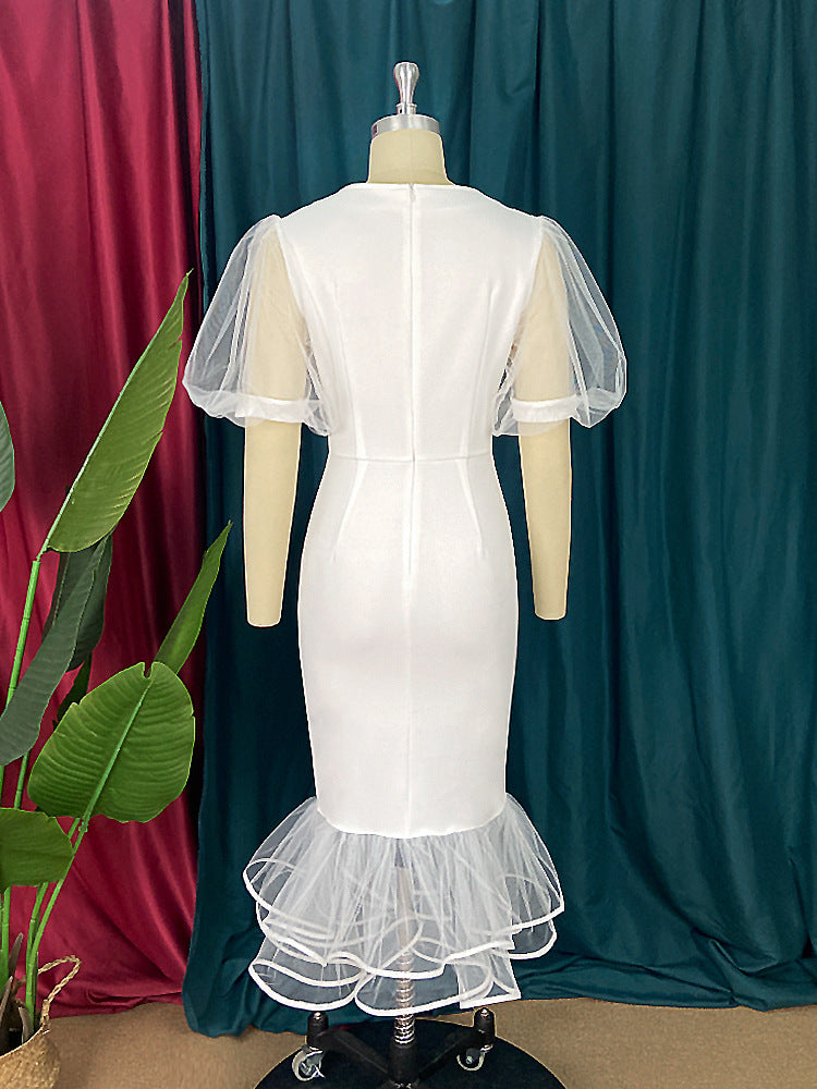 Damen elegantes figurbetontes Kleid mit Tüllärmeln und Rüschenabschluss Drune