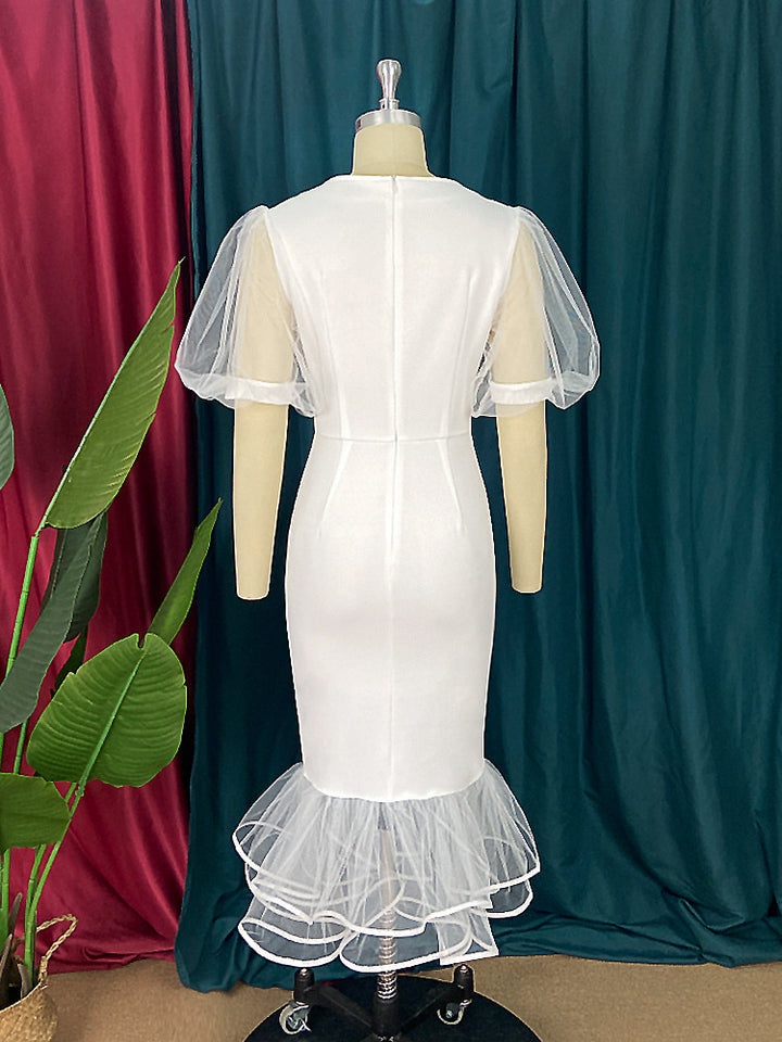 Damen elegantes figurbetontes Kleid mit Tüllärmeln und Rüschenabschluss Drune