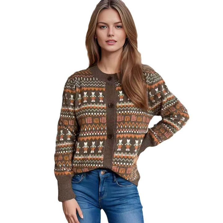 Damen Strickjacke mit farbenfrohem geometrischem Muster und praktischen Knöpfen Drune