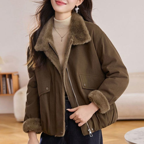 Damen warme Steppjacke mit flauschigem Kragen und praktischen Taschen Drune