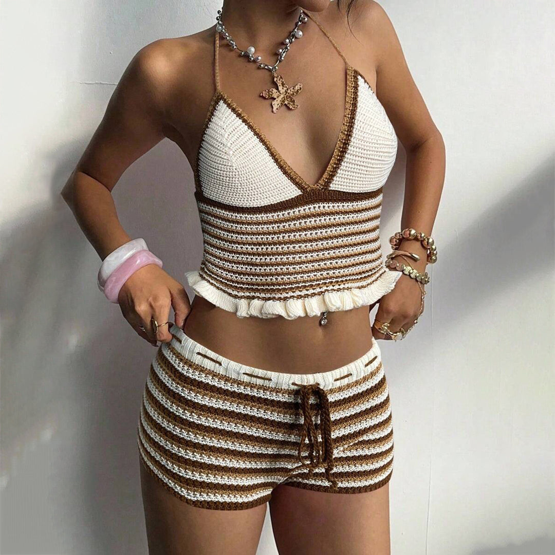 Damen Häkel-Set mit voluminösem Oberteil und Shorts Drune