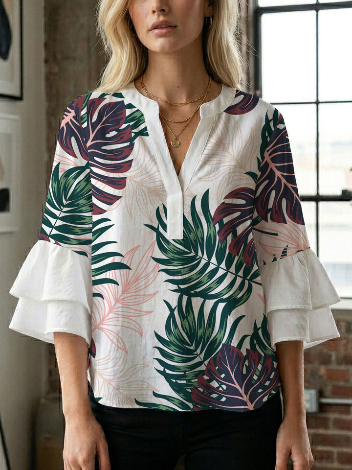 Damen Blusenshirt mit voluminösen Ärmeln und kreativem Druckdesign Drune