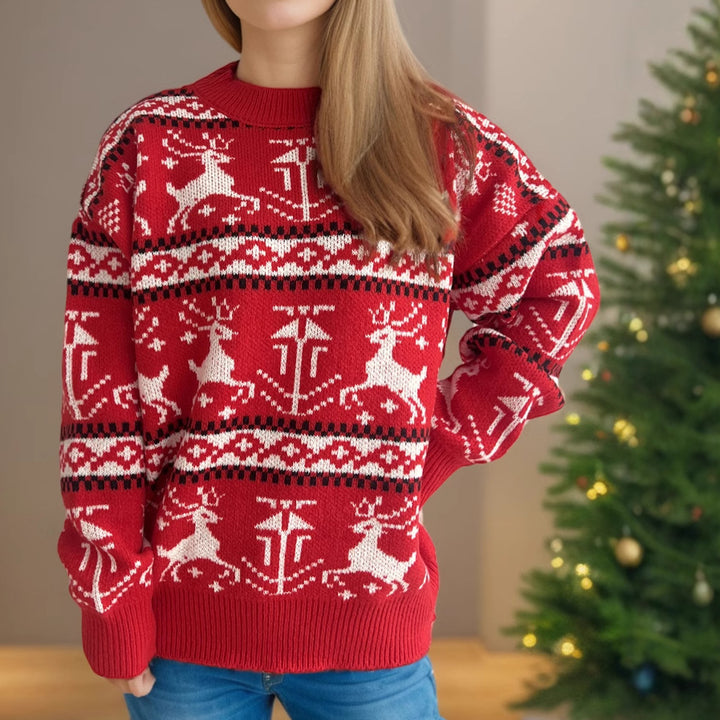 Damen weihnachtlicher Strickpullover mit festlichem Rentierdesign und hohem Kragen Drune