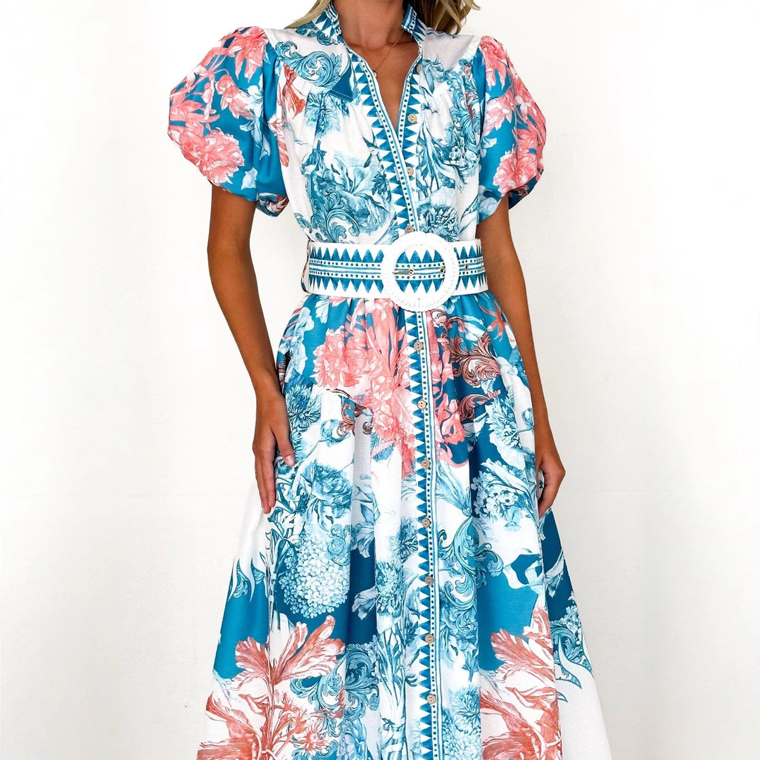Damen Elegantes Maxikleid mit floralen Mustern und voluminösen Ärmeln Drune