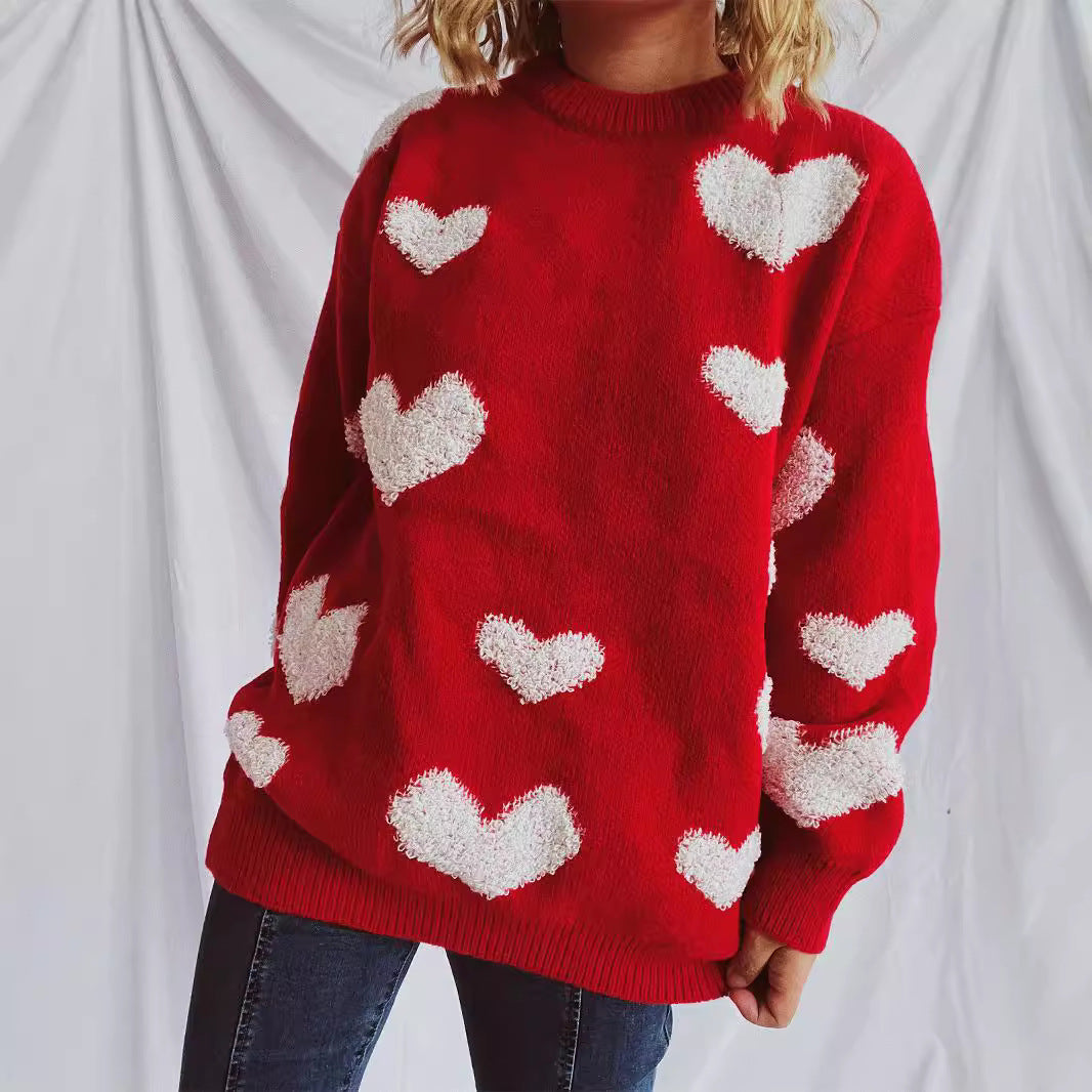 Damen Pullover mit Herzmuster und flauschigen Applikationen Drune