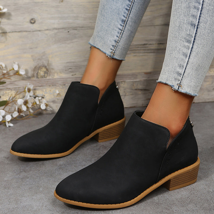 Damen nan knöchelhohe Chelsea-Stiefelette mit gepolstertem Komfortfußbett und Holzoptik-Blockabsatz Drune