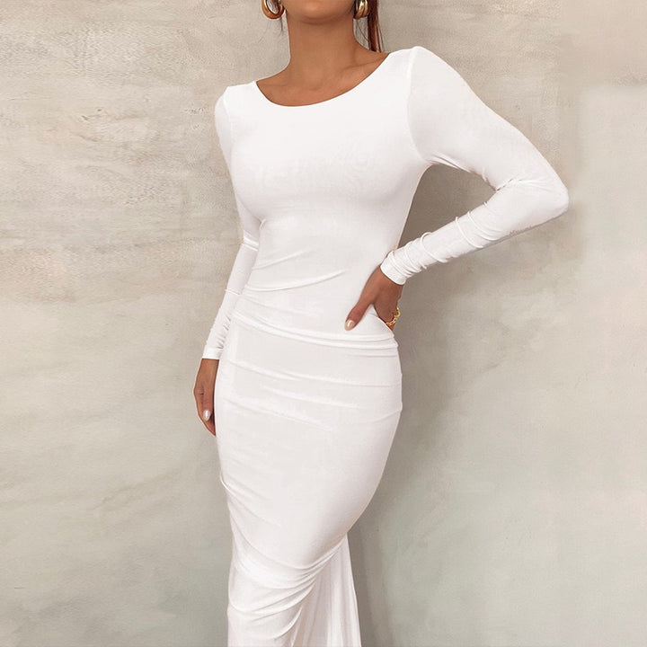 Damen Elegantes figurbetontes Maxikleid mit langen Ärmeln und Rundhalsausschnitt Drune