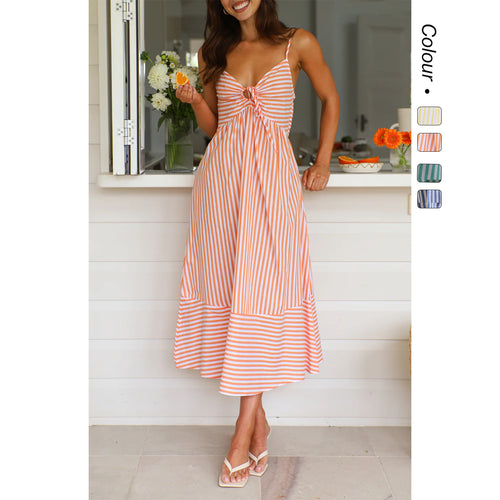 Damen gestreiftes Maxikleid mit verspieltem Oberteil und fließendem Rock Drune