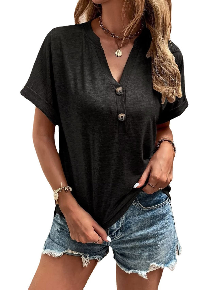Damen legeres V-Ausschnitt T-Shirt mit Knopfleiste Drune