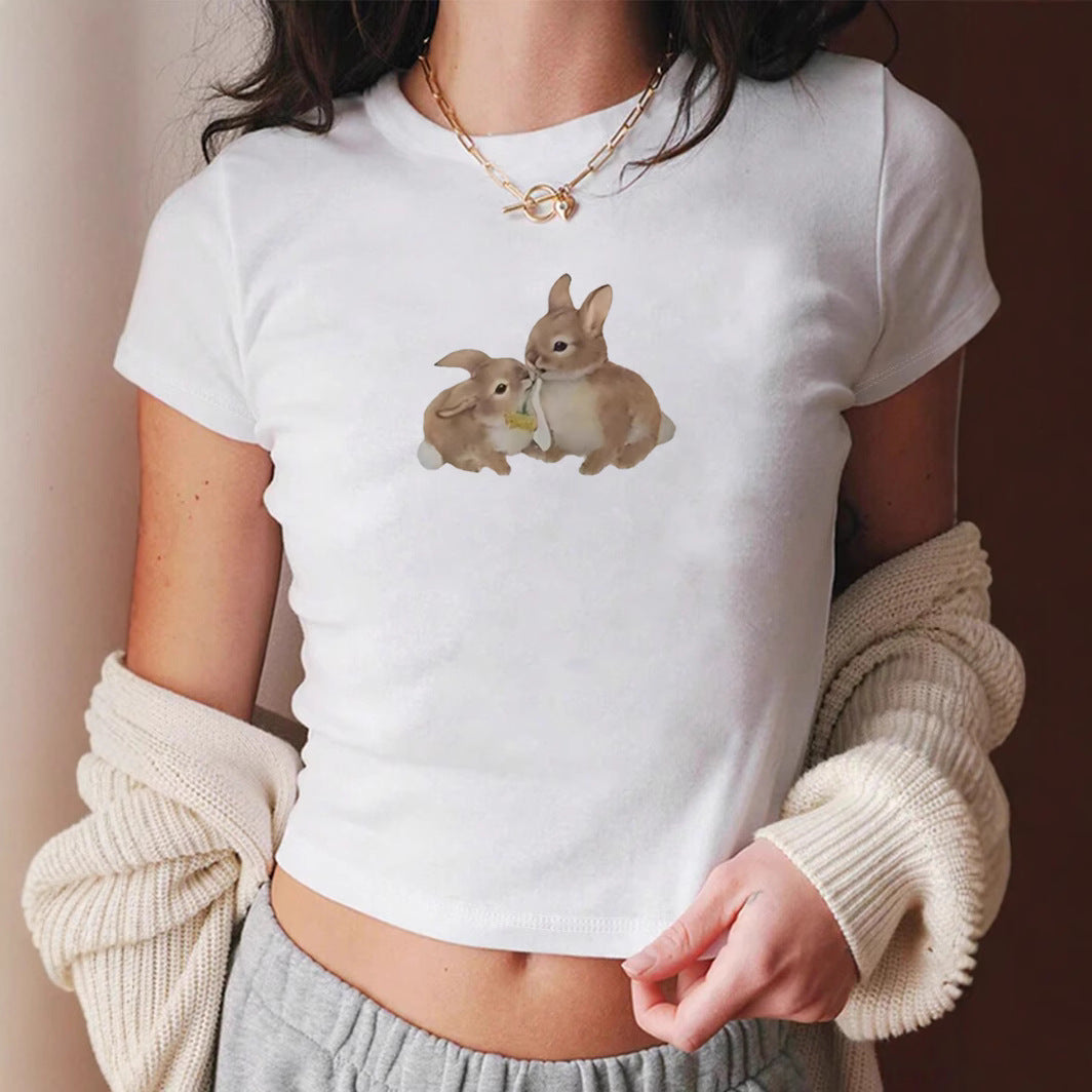 Damen Crop-T-Shirt mit niedlichem Kaninchenmotiv Drune