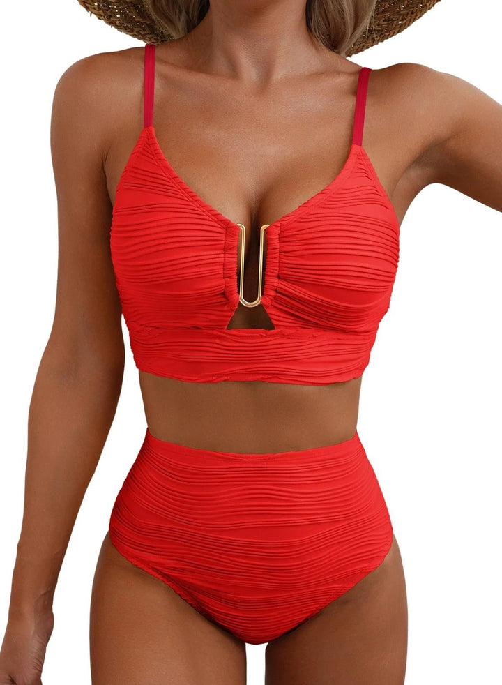 Damen Hochgeschnittener Bikini mit modischem Plissee-Design Drune
