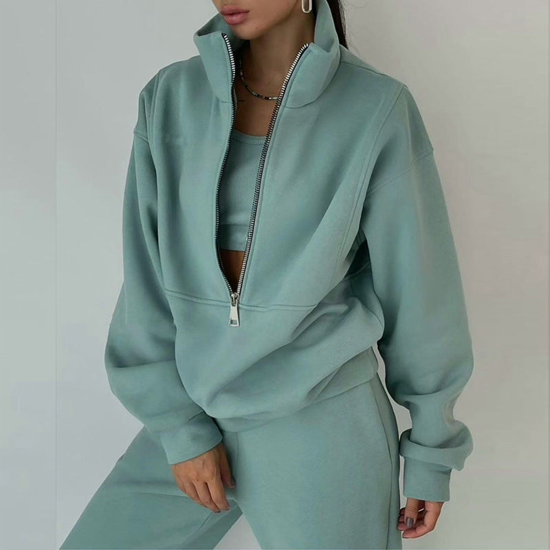 Damen nan kurzes Halbzip-Sweatshirt-und-Jogginghose-Set mit Stehkragen, oversized Schnitt und weichem French-Terry Drune