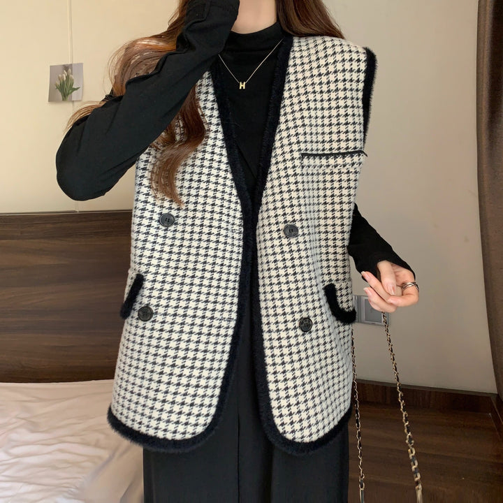 Damen Elegante Strickweste mit Karomuster und praktischem Taschendesign Drune