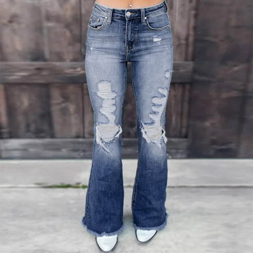 Damen Flared Jeans mit Destroyed-Effekten und fransigem Saum Drune
