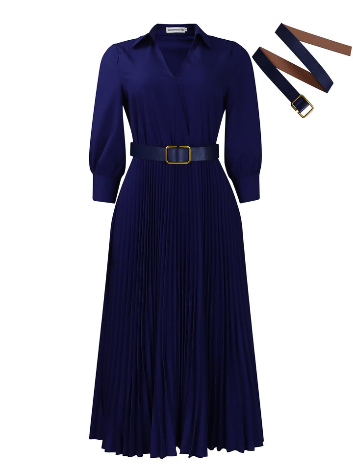 Damen Plissiertes Midikleid mit elegantem Blazerkragen und dekorativem Gürtel Drune