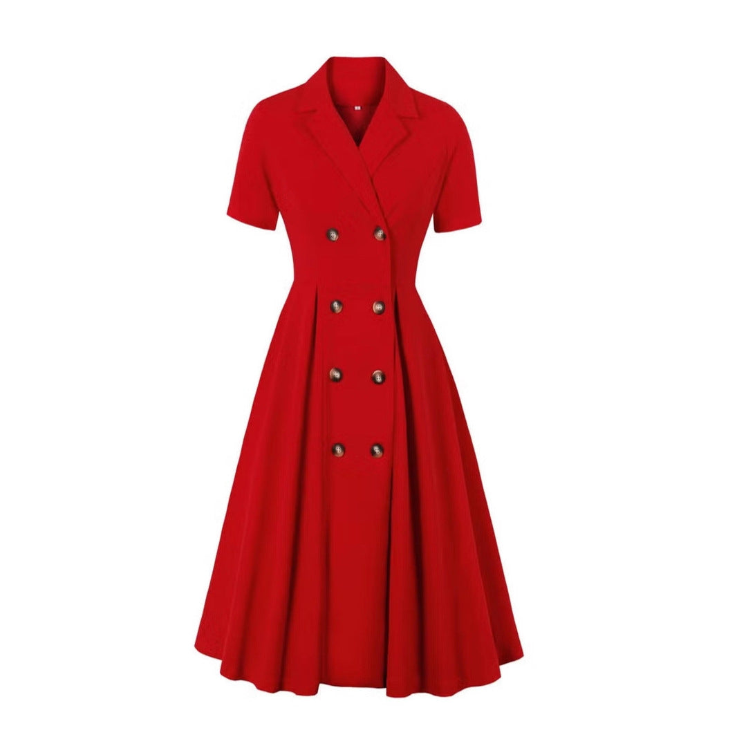 Damen elegantes Midikleid mit doppelter Knopfleiste und schwingendem Rock Drune